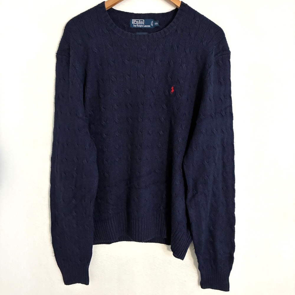 Vtg Polo Ralph Lauren Silk Sweater Men's 2XL Navy Cable Knit Old Money Preppy